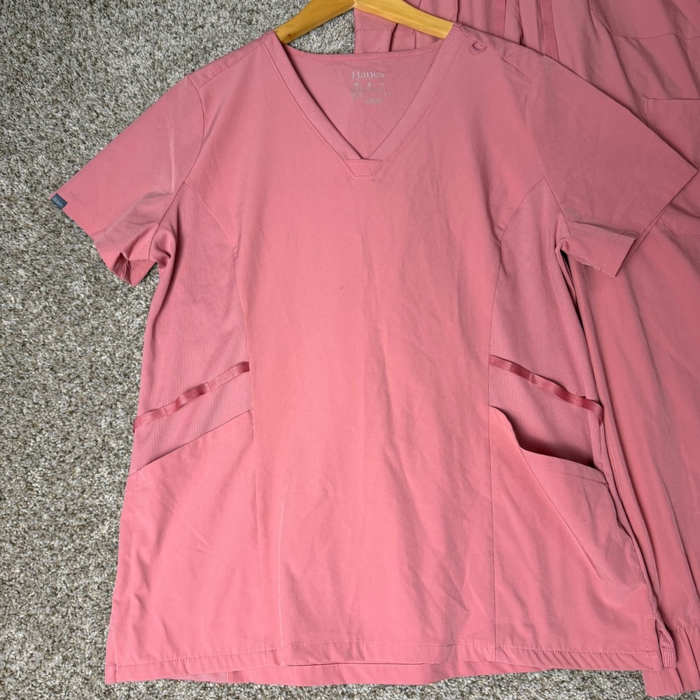 Hanes Comfort Fit Womens Scrub Set Large Rose Pink V-Neck Top Jogger Pants L/G - Picture 2 of 13